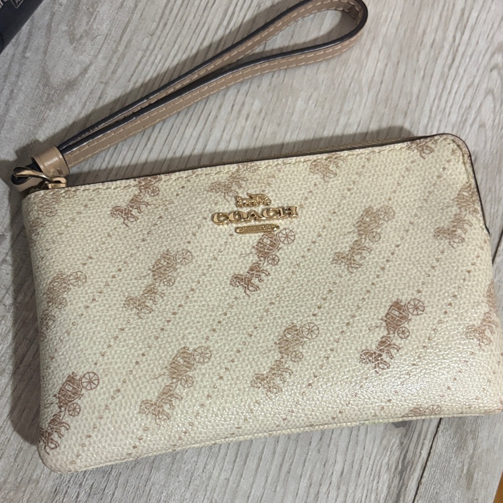 Coach Cream Canvas Signature Wristlet with Tan Trim